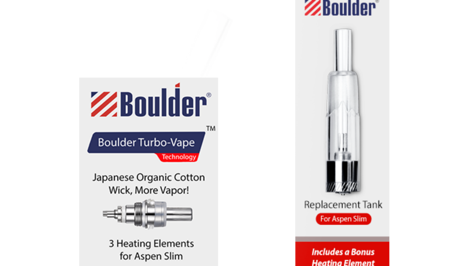 Boulder Turbo-Vape replacement tank with organic cotton wick and heating coil.