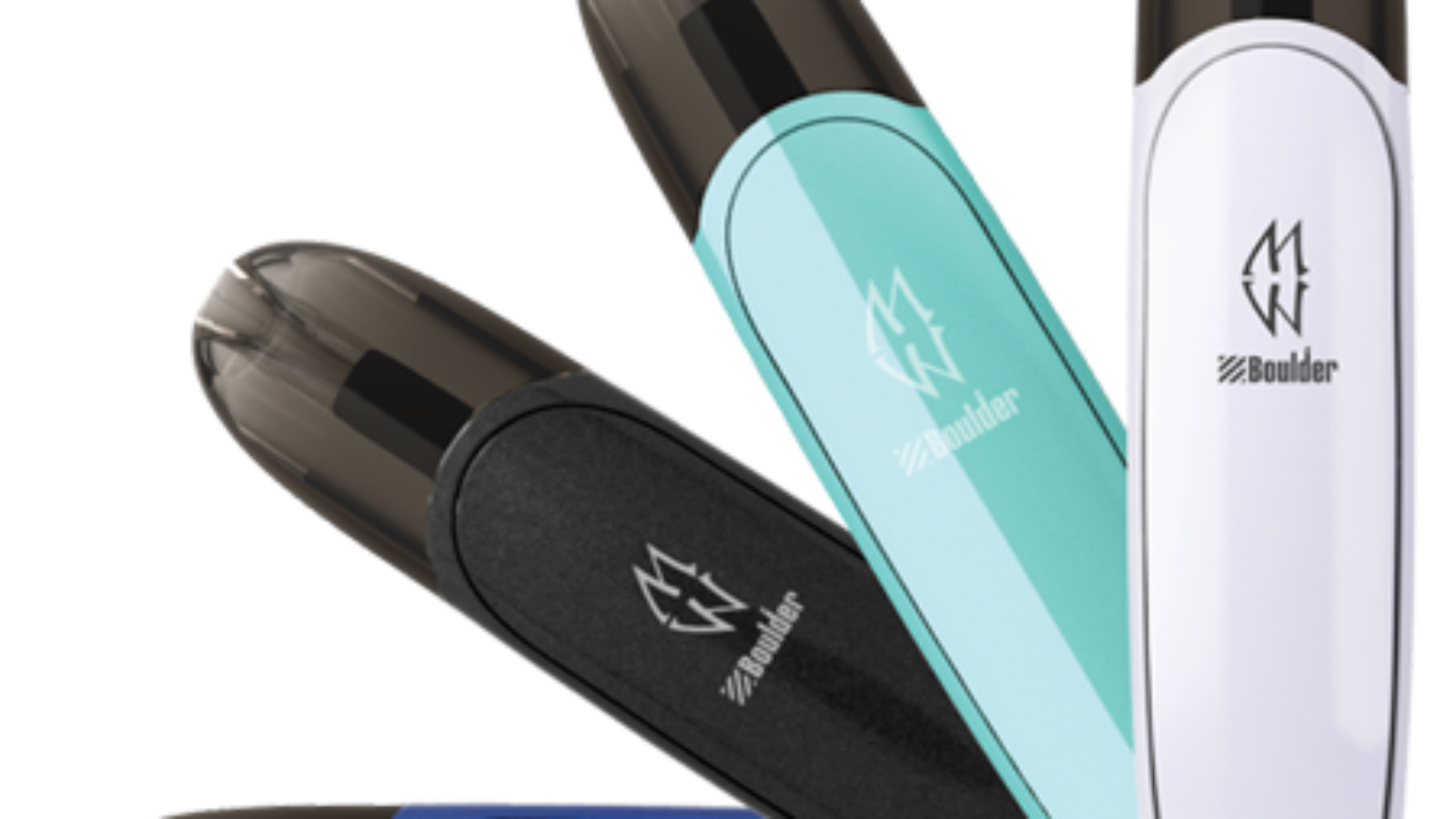 Four sleek vape devices in black, blue, teal, and white colors.