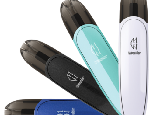 Four sleek vape devices in black, blue, teal, and white colors.