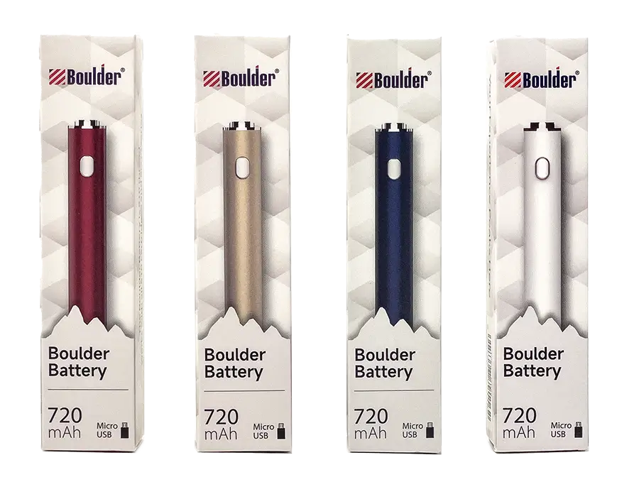 Four Boulder vape batteries in different colors.
