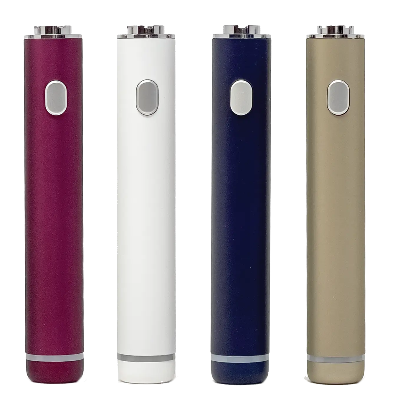 Four colorful vape pen batteries in a row with different finishes.