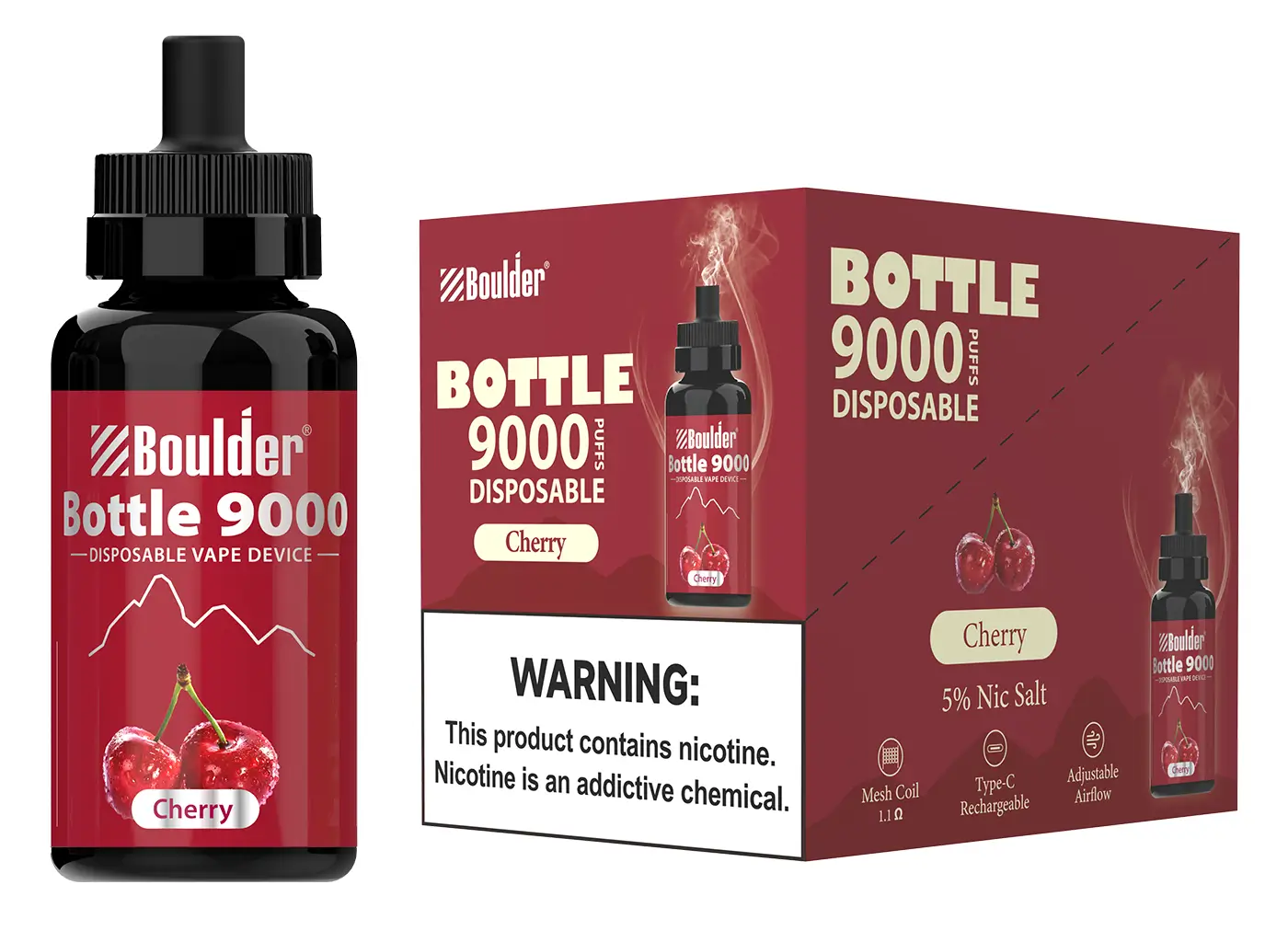 Bottle 9000 disposable vape in cherry flavor with nicotine warning.